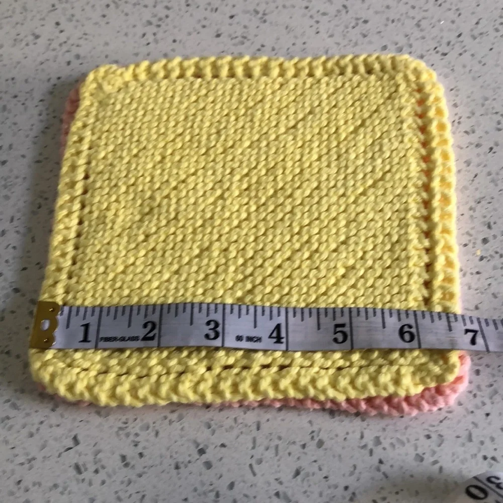 4 vintage crocheted 2 dollies 2 pot holders pink, yellow & blue